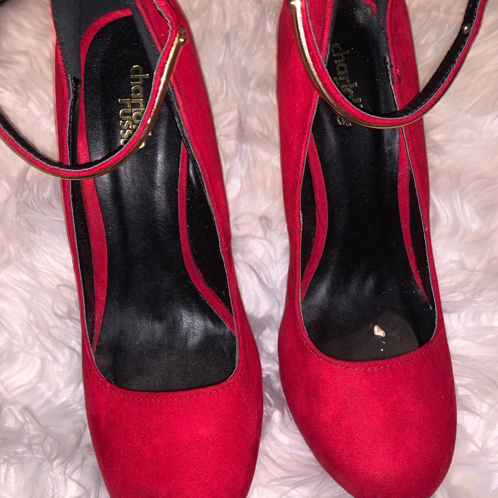 Sexy round red suede heels with gold accent